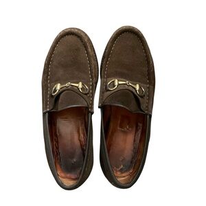 Gucci Horsebit Brown Suede Loafers with Gold Detail